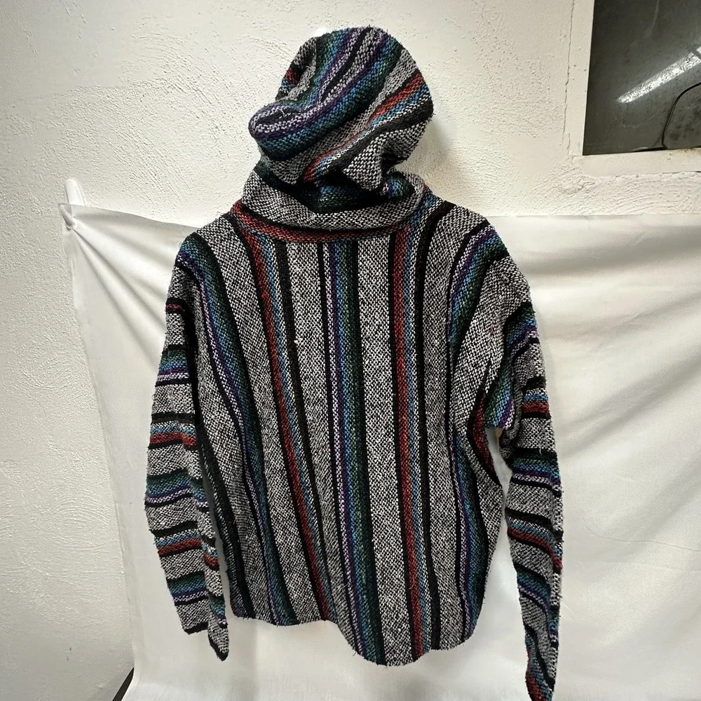 Vintage Franks Textiles Multicolor Striped Baja Hoodie Hippie Poncho Med Sweater - Picture 11 of 11